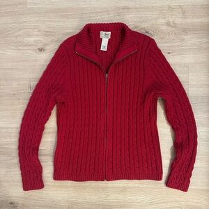 Women’s Red LL Bean 100% Cotton Cable Knit Full Zip Sweater Size Medium